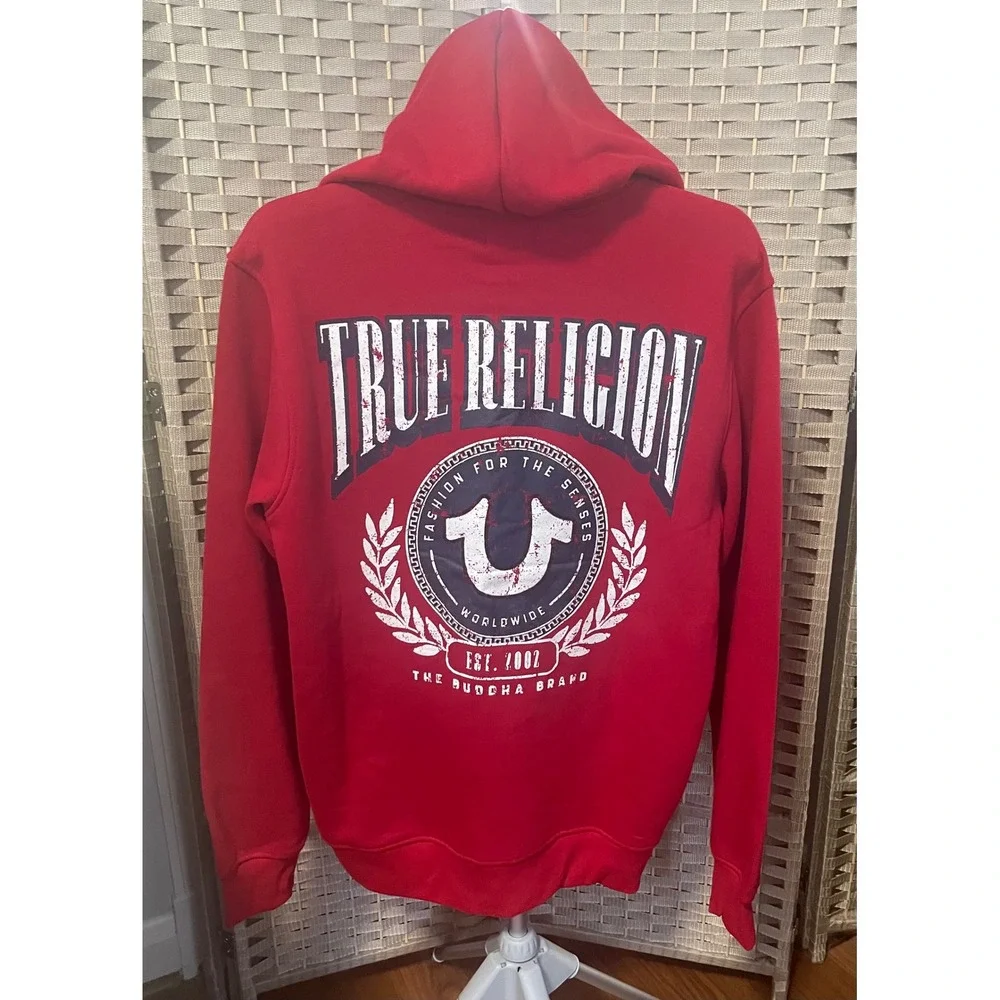 True Religion Mens College HS Zip Hoodie Red Distressed Logo Sweatshirt L